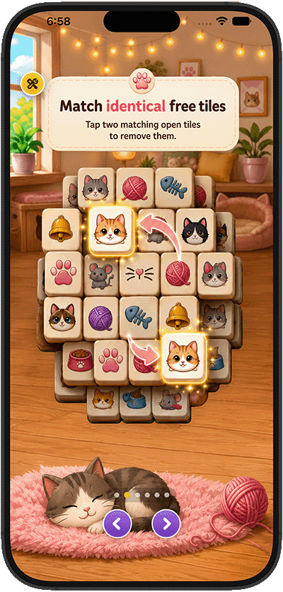 KittyJong onboarding screen explaining how to match identical free tiles
