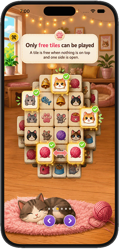 KittyJong onboarding screen explaining that only free tiles can be played