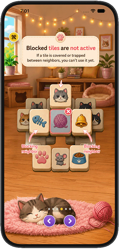 KittyJong onboarding screen explaining blocked tiles