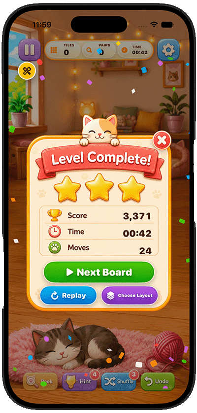 KittyJong level complete screen with three stars